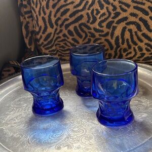 Vintage MCM Cobalt Blue Georgian Honeycomb Pattern Glass Set of 3 Tumblers